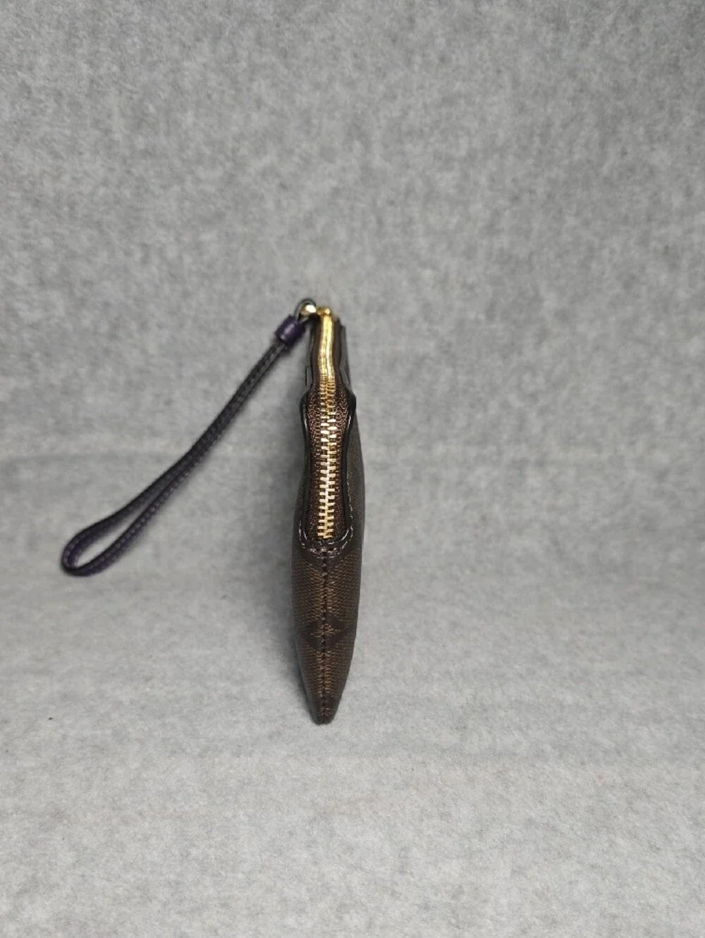 Coach Brown Signature Coated Canvas Wristlet with Purple Leather Center Stripe